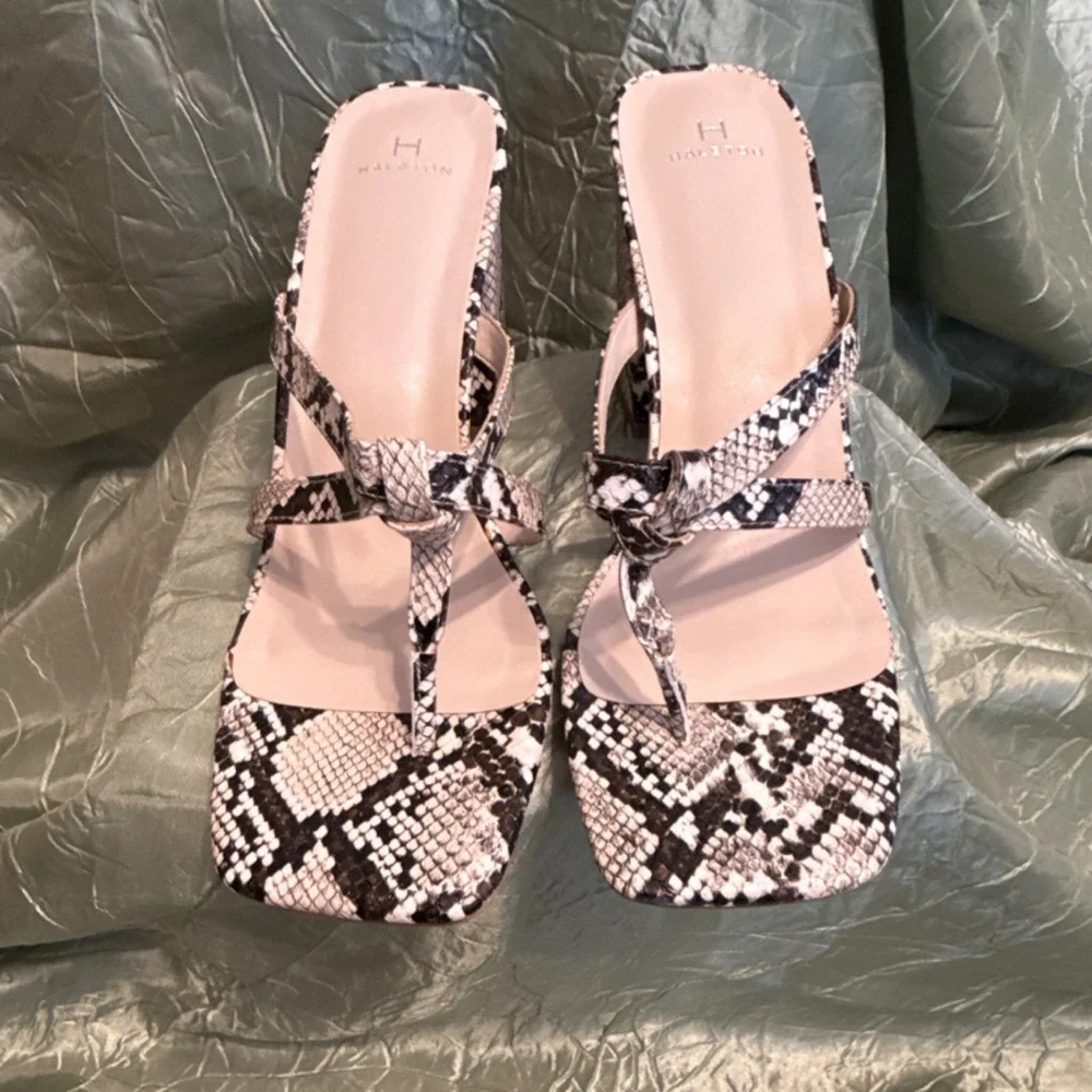 Halston Strappy Snake Print Block Heel Women's Sandals Black White US10